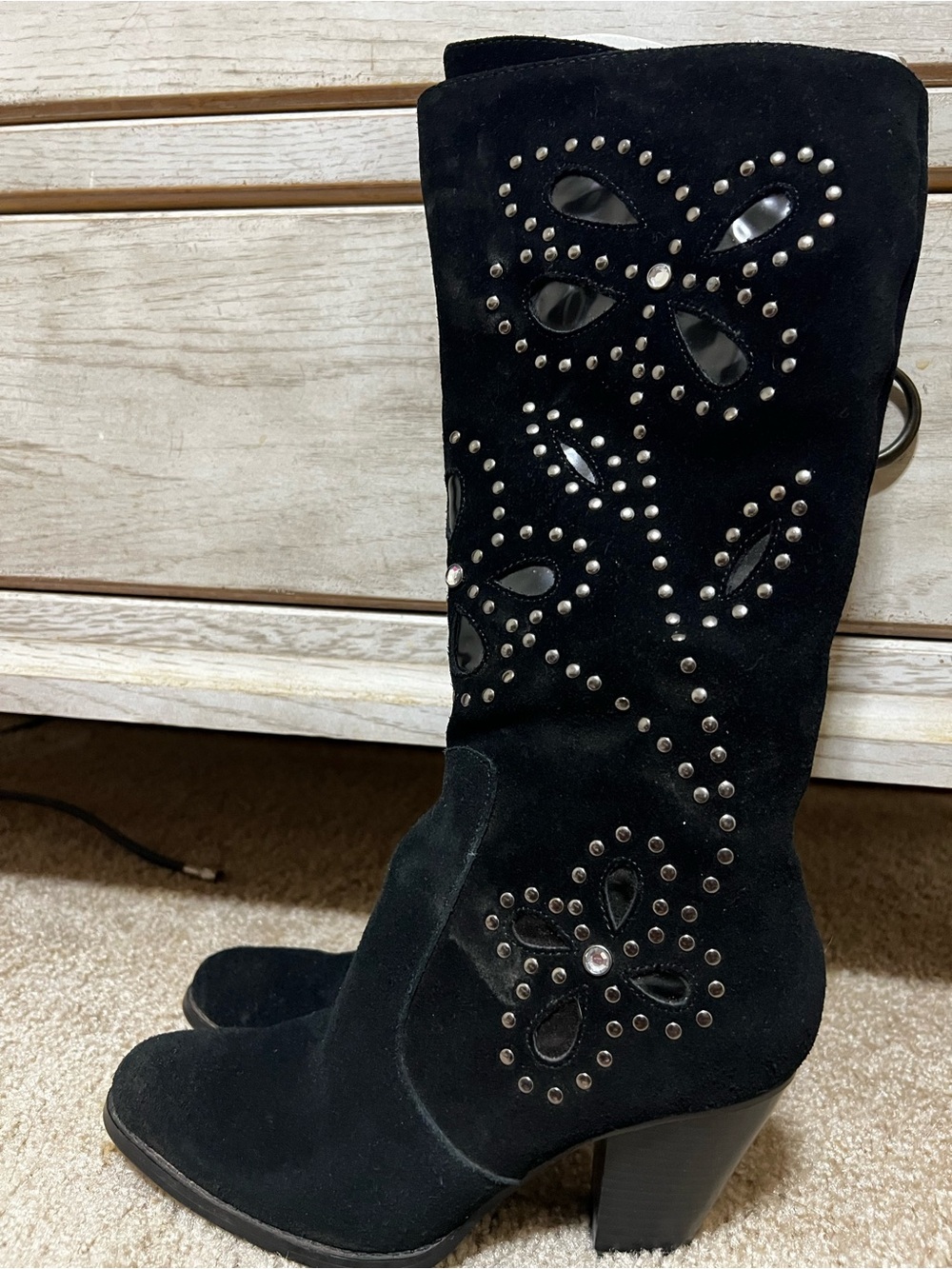 Colin Stuart Black Suede Studded Mid-Calf Heeled Boots